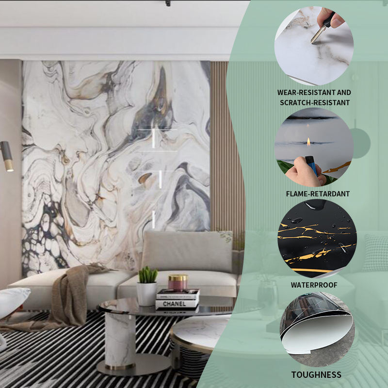 Paroi veineuse en pierre en poudre d'or Pabel Marbre à motif UV à haut lustre Marbre résistant à l'humidité Large épaisseur personnalisée PVC feuille de marbre